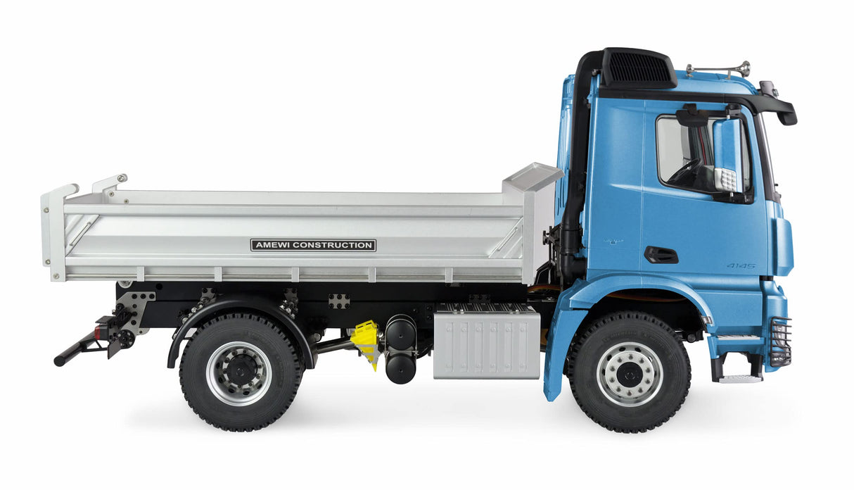 Amewi 22613 Mercedes-Benz Arocs - Camión volquete hidráulico Pro versión 4x4 1:14 RTR Azul Claro
