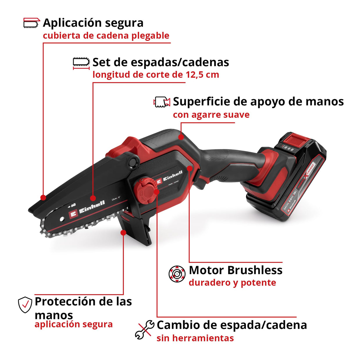 Motosierra para ramas con batería GE-PS 18/15 Li Bag Kit Power X-Change de Einhell (18 V, Brushless, longitud de corte 12,5 cm, incl. batería 2,5 Ah, cargador, cadena de repuesto, bolsa Einhell 45/29)