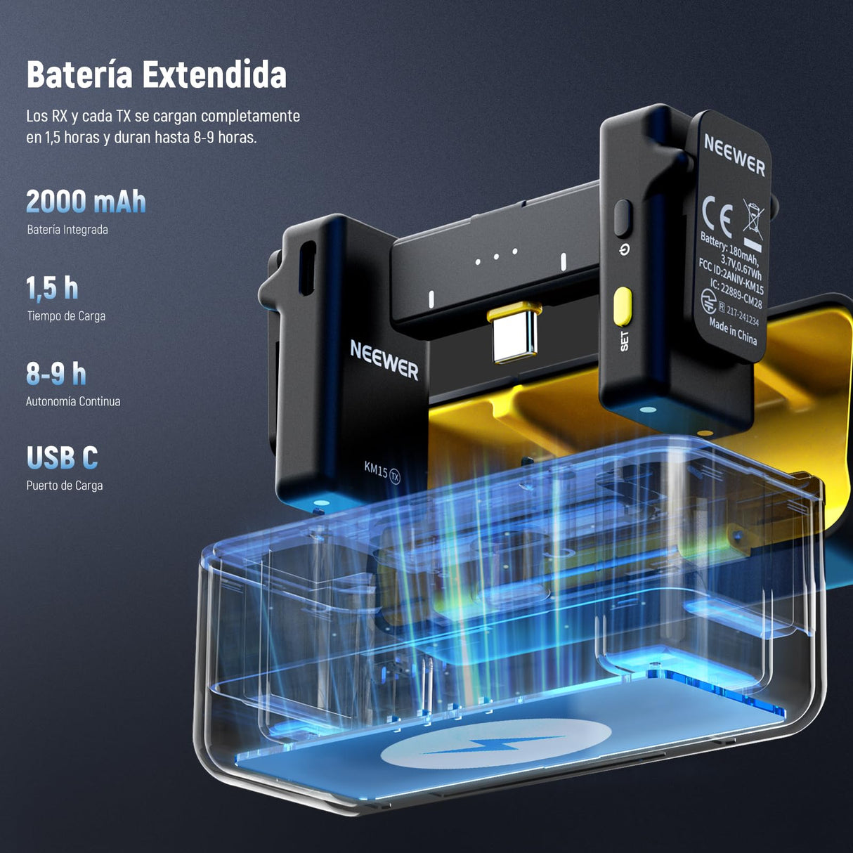 NEEWER KM15 Sistema Micrófono Solapa Inalámbrico, Compatible con iPhone Android PC, Mini Mic Solapa USB C con Cancelar Ruido, Alcance 300m 48KHz/24Bits, Batería 9 Horas para Grabación Streaming