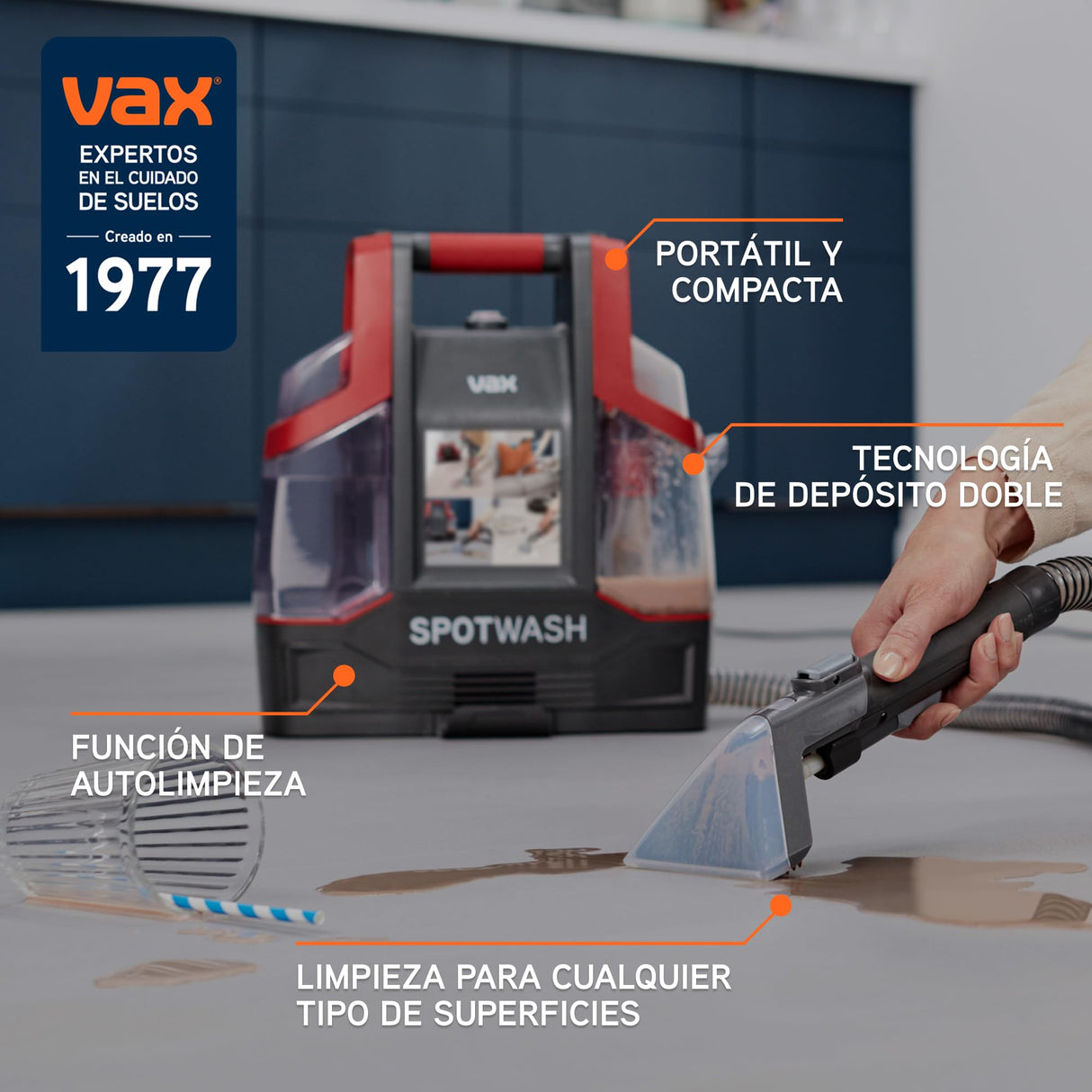 Limpiador de tapicerias quitamanchas Vax SpotWash y para alfombras y tapicerías con succión potente, secado rápido limpieza profunda diaria para escaleras, sofás, coches y suelos duros