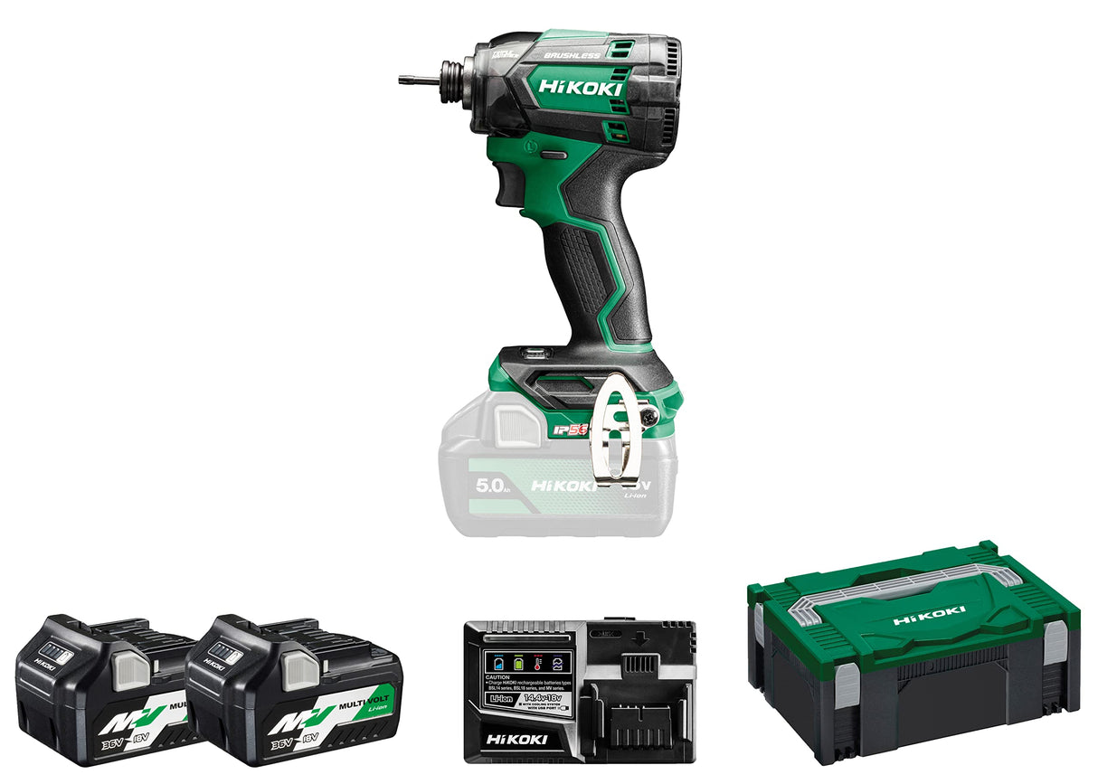 HIKOKI WH18DCWRZ - Atornillador de impacto inalámbrico (1/4", 18 V, 2 baterías de 5,0 Ah, par fijo máximo 210 Nm, pernos y tuercas M5-M16, sin escobillas, maletín, batería, cargador)