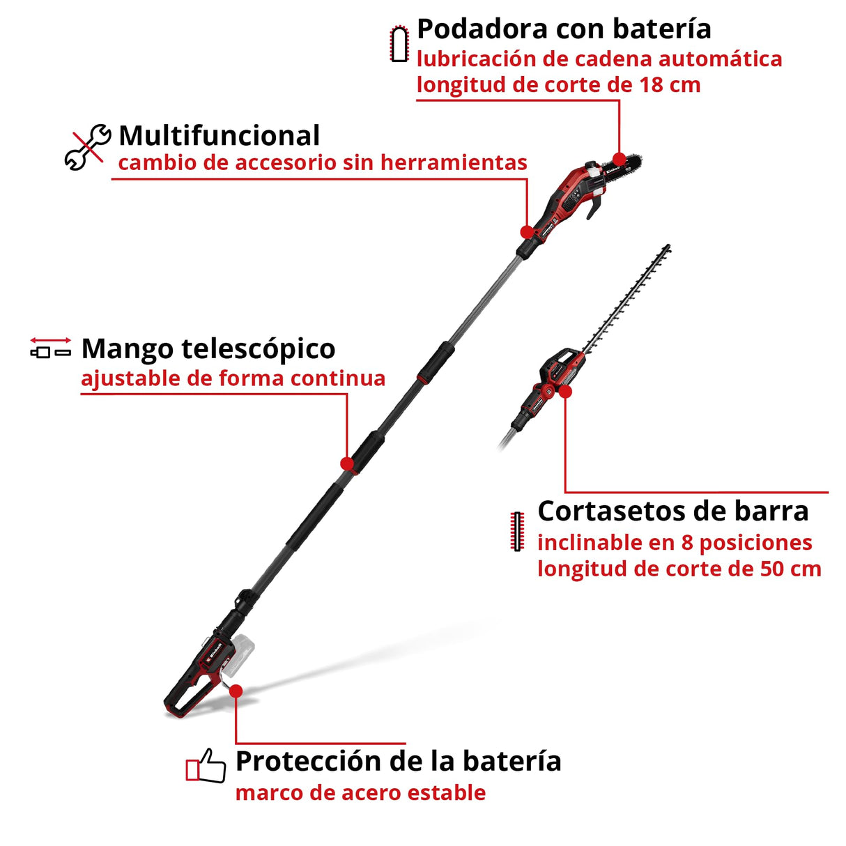 Einhell Professional Multiherramienta con batería GP-HC 18/5020 Li T BL-Solo Power X-Change (18 V, Brushless, Cortasetos de 50 cm, podadora de 18 cm, Mango telescópico, sin batería)