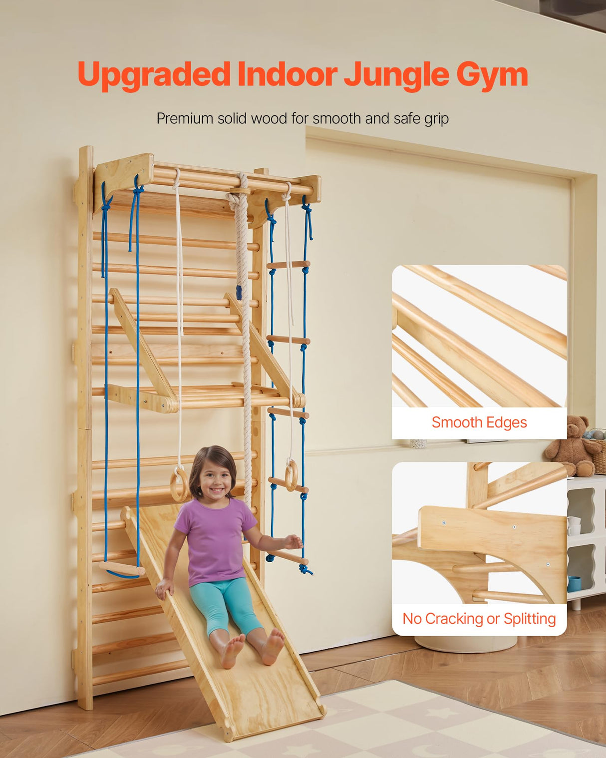VEVOR-8 en 1 Kit de Escalada Niveles Pared, Tobogán, Barra de Dominadas, Anillas de Gimnasio, Columpio y Escalera de Cuerda, Color Madera (15 Levels Solid Wood Indoor Jungle Gym)