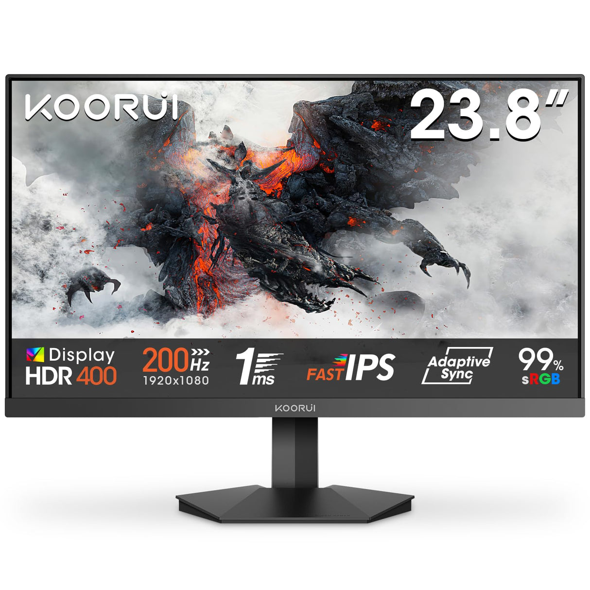 KOORUI G2411P Monitor 24 Pulgadas Gaming Full HD Fast IPS, 200Hz, 1080P, MPRT 1ms, 90% DCI-P3, HDR400, VESA, Adaptive Sync, Inclinación, Eye Care, 2xHDMI 2.0, DP 1.4