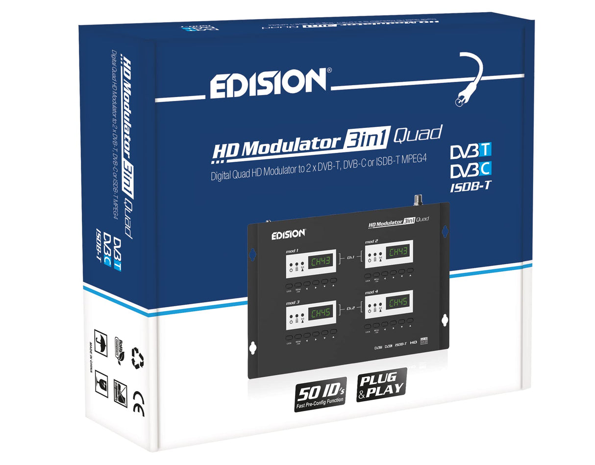 EDISION HDMI MODULADOR 3in1 Quad, RF Modulador 4X HDMI a terrestre DVB-T, ISDB-T o Cable DVB-C MPEG4, 3 SEÑALES de modulación SELECCIONABLES, Distribución Full HD sobre Cable Coaxial, Plug and Play