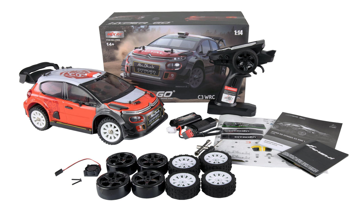 Amewi Hyper Go Citroen C3 WRC Rallye/Drift 4WD 1:14 sin escobillas con giroscopio 45 km/h RTR, Color Negro y Rojo