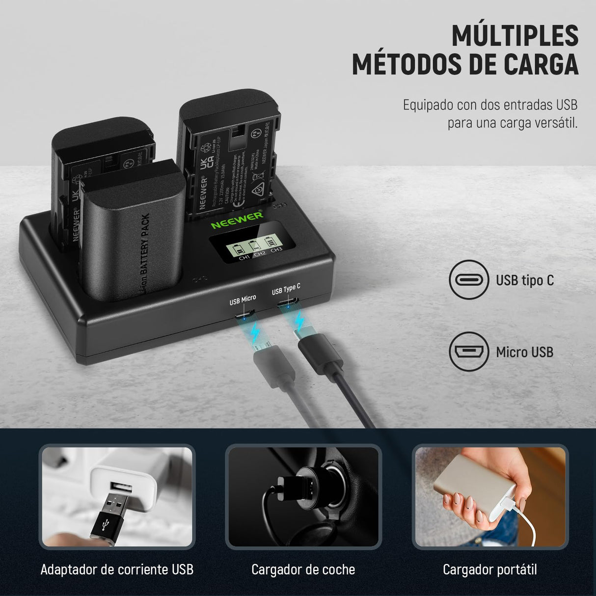 NEEWER Paquete de 3 2200mAh LP-E6P/LP-E6NH/LP-E6N Baterías Repuesto & Cargador Triple USB,Compatible con Canon EOS R5 Mark II EOS R5 EOS R6 EOS R7 EOS R 5D II III IV 6D 6D II 7D 7D II 60D 70D 80D 90D