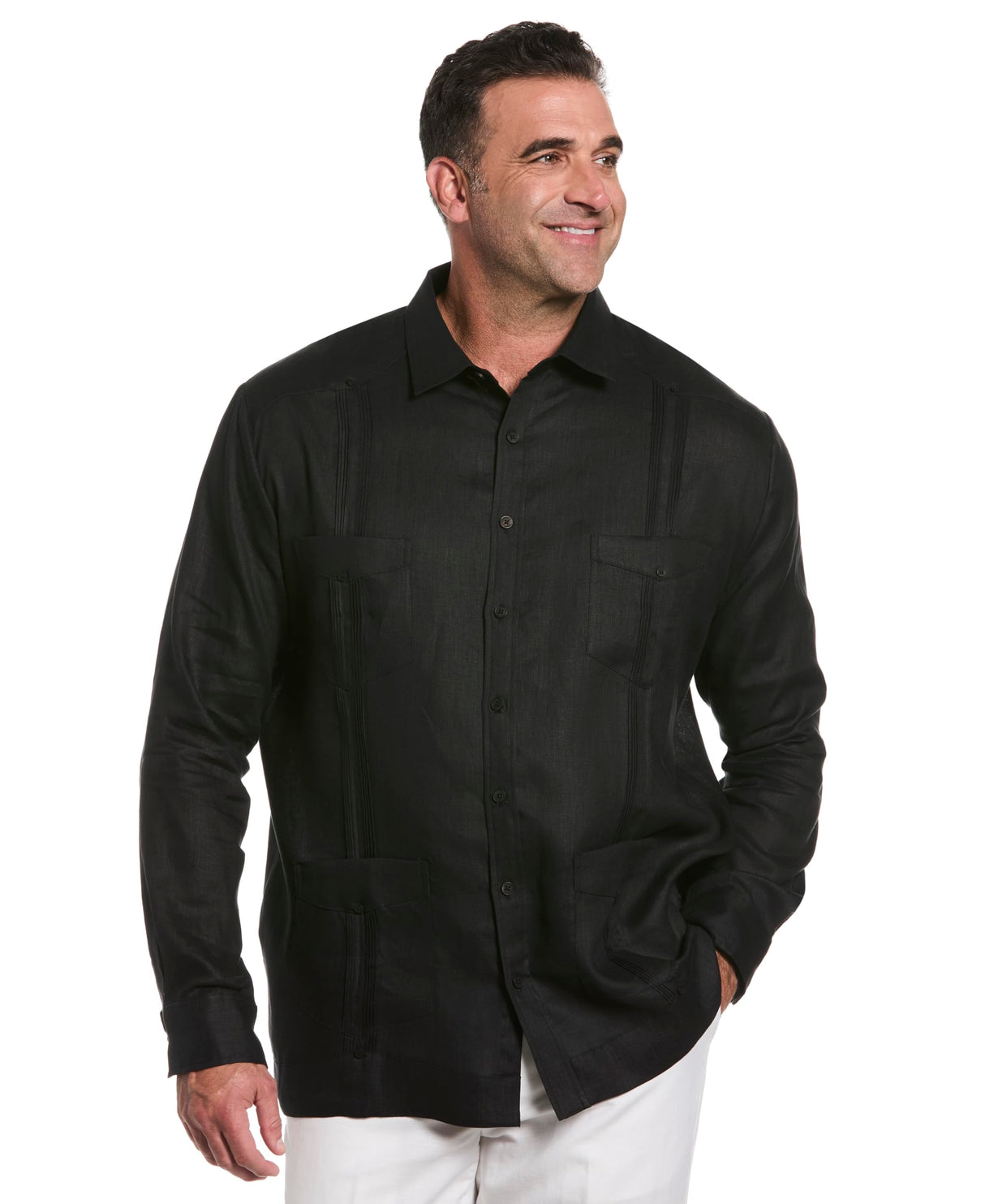 Cubavera - Camiseta de Manga Larga para Hombre (100% Lino), diseño de Guayabera - Negro - 3X-Large Tall