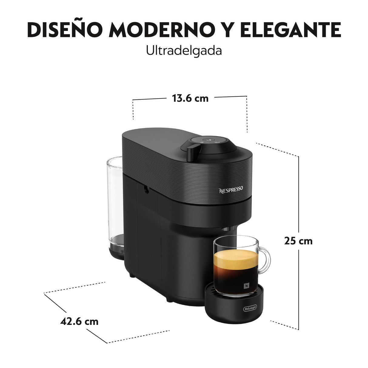 Nespresso De'Longhi Vertuo Pop ENV90.B, Máquina de Café de Cápsulas + Aeroccino Incluido, 4 Tamaños de Taza, Tecnología de Centrifugación, Set de Bienvenida Incluido, 1260W, Negro Regaliz