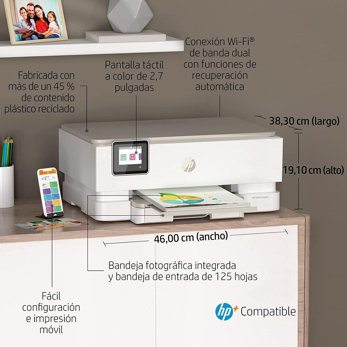 HP Envy Inspire 7220e 242P6B, Impresora multifunción de inyección de tinta A4 a color, Wi-Fi, impresión a doble cara automática, Hasta 22 ppm, 3 meses de impresión Instant Ink con HP+, Blanca