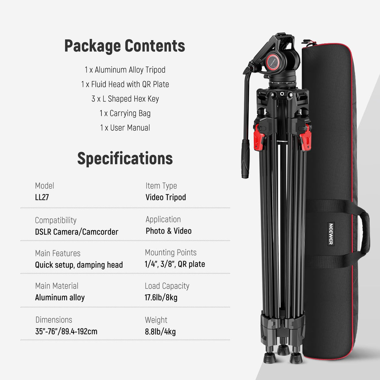 NEEWER Trípode para cámara de Video de 76 Pulgadas con Cabezal Fluido, liberación rápida de un Paso con amortiguación Ajustable, Soporte de trípode de Aluminio Resistente, Placa QR de Modo Dual para