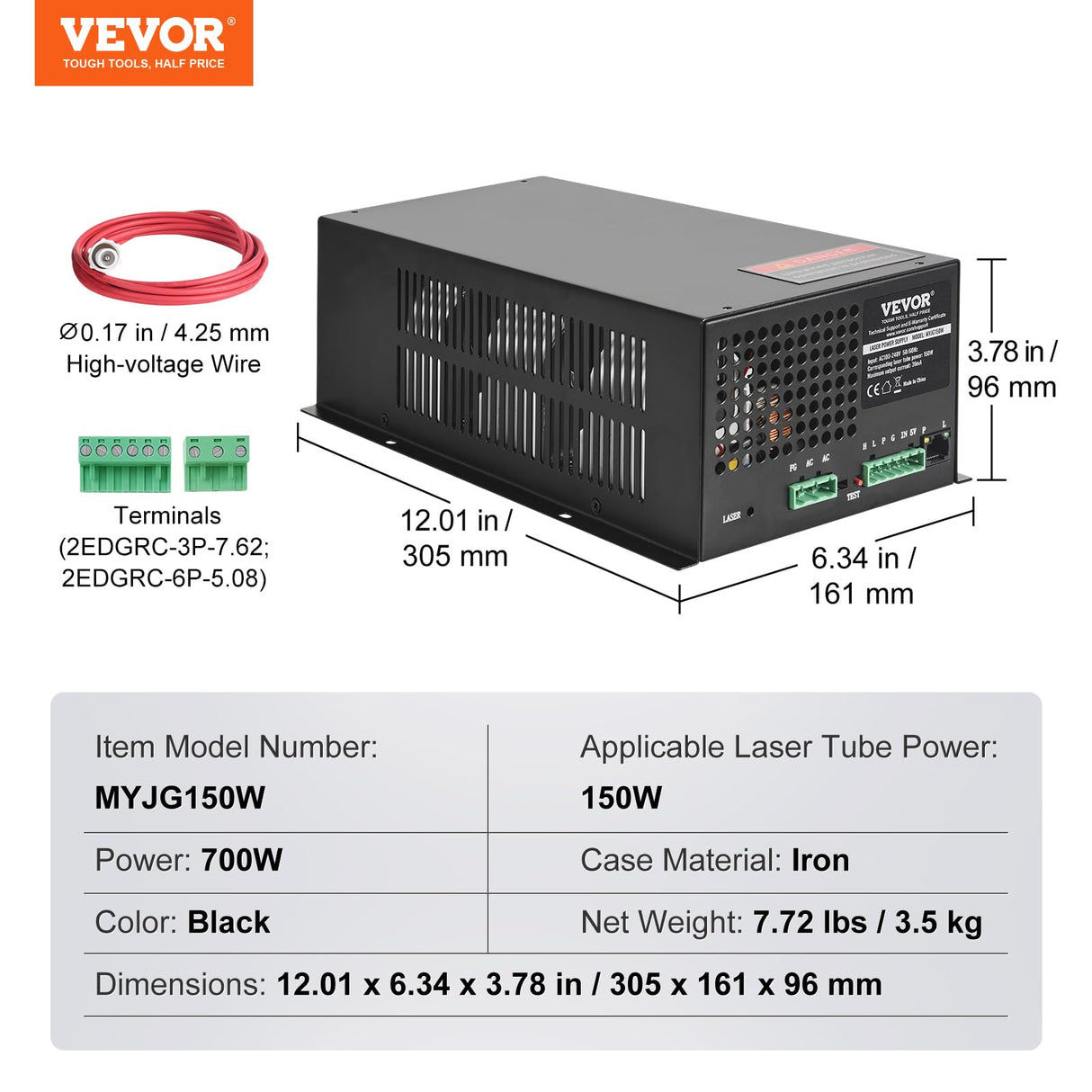 VEVOR Fuente de Alimentación Láser de CO2 para Tubo Láser de 150 W, Protección de Corriente Constante y Circuito Abierto, Disipación Rápida del Calor, Compatible con Grabadores y Cortadores Láser