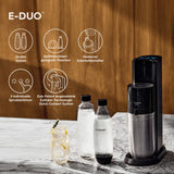 SodaStream E-Duo - Aireador de agua eléctrico con cilindro de CO2, botella de cristal y 2 botellas de plástico aptas para lavavajillas, altura: 44 cm, color: titanio