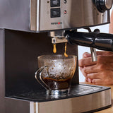Minimoka - Cafetera espresso | 2 cacillos para 1 o 2 cafés | 15 bar | 850W | Vaporizador | 1.6L | Café molido o monodosis | Bandeja calienta tazas | Filtro Extra Cream | Inox