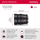 Samyang F1312806101 - Objetivo para vídeo VDSLR para Sony E (Distancia Focal Fija 24mm, Apertura T1.5-22 ED AS IF UMC II, diámetro Filtro: 77mm), Negro