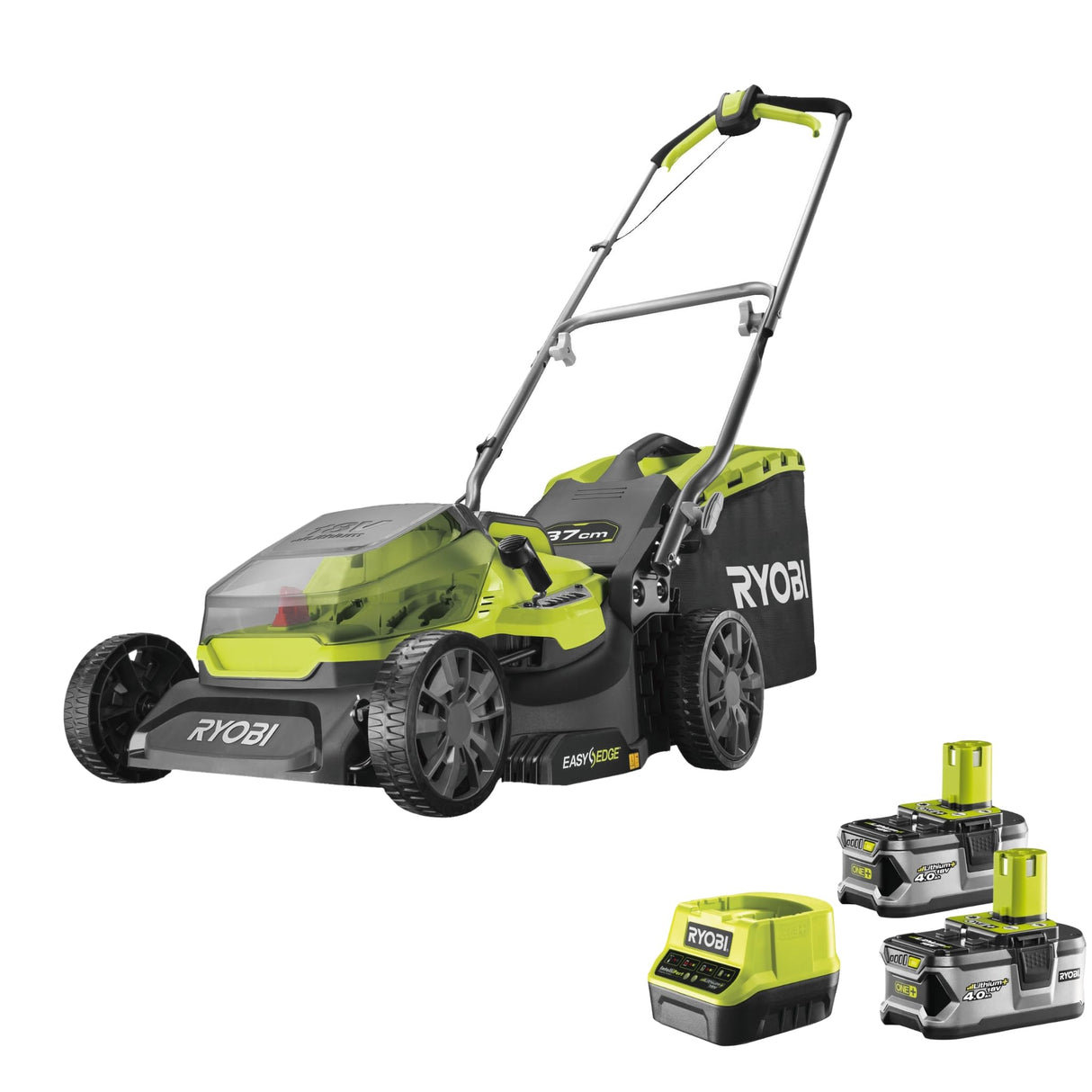 RYOBI - Cortacésped 18V One+ Brushless Ø 37 cm - 2 Baterías 4,0Ah - Recogida y Mulching - Recogedor Semirrígido 45L - Empuñaduras Ergonómicas Vertebrae - Ajuste de la Altura de Corte - RY18LMX40A-240