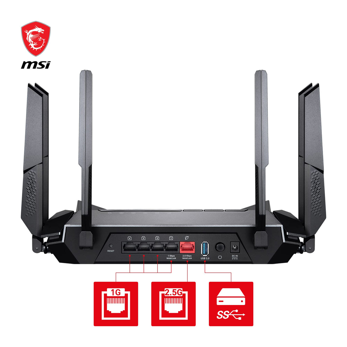 MSI RadiX AX6600 WiFi 6 Router Gaming Tres Bandas - WLAN Rápida de hasta 6600 Mbps (5GHz, 2.4GHz Inalámbrico), AI QoS Priority, MU-MIMO, Beamforming, WPA3, 2.5G WAN/LAN & 4 x 1G LAN Ports