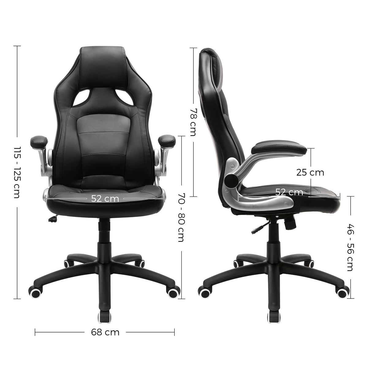 SONGMICS Silla de oficina ergonómica, Silla giratoria y de altura ajustable, Silla de estudio, con ruedas, Negro OBG62B