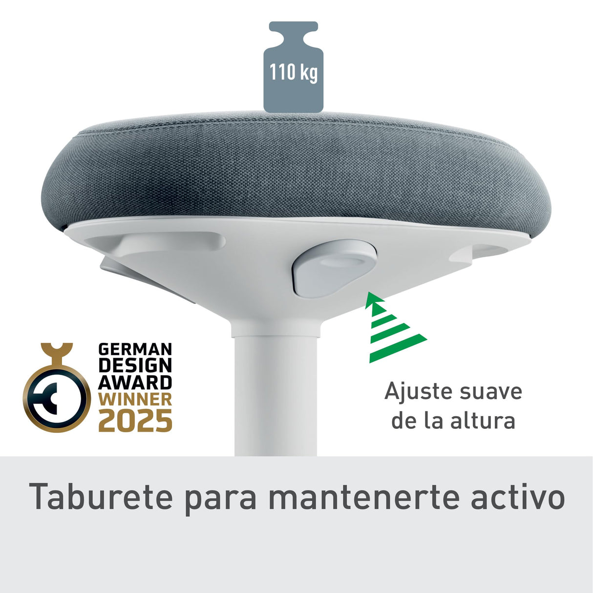 Leitz Ergo Taburete Ergonómico con Acolchado Doble, Altura Ajustable 47 a 64cm para Trabajo Sentado, Cubierta Fabricada con un 100% de Material Reciclado Post-Consumo, Gama Ergo, Gris Claro, 65440085