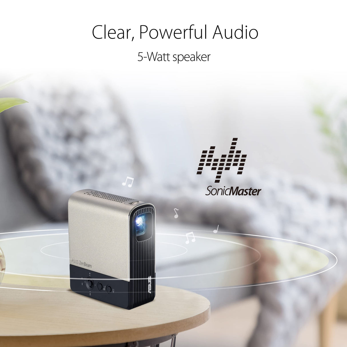ASUS ZenBeam E2 Mini Proyector LED, Modo Retrato Automático, 300 Lúmenes LED, WVGA (854 x 480), Proyección Inalámbrica, Power Bank a Través de USB Tipo A, HDMI y Altavoz de 5 Vatios, Negro