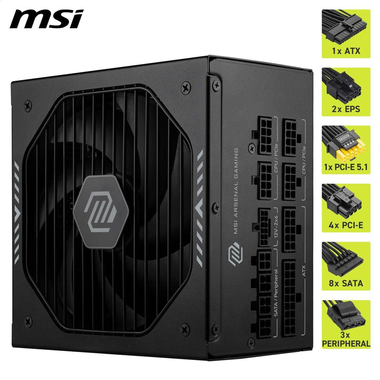 MSI mag A850GLS PCIE5, Fuente de alimentación, 850W, 80 Plus Gold, ATX 3.1, Compatible con GPU PCIe 5.1, 12V-2x6 nativos, Conector 12V-2x6 de Dos Colores, Fuente de alimentación ATX