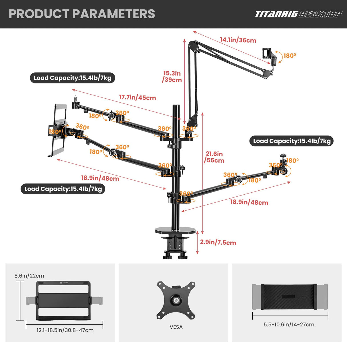 TARION Soporte Camara Mesa Brazo: Soporte para Camara de Escritorio Flexible Overhead Camera Mount Rig Fotografia con Brazo Articulado para Luz de Anillo Micrófono Video Titanrig(Conjunto de Mesa)