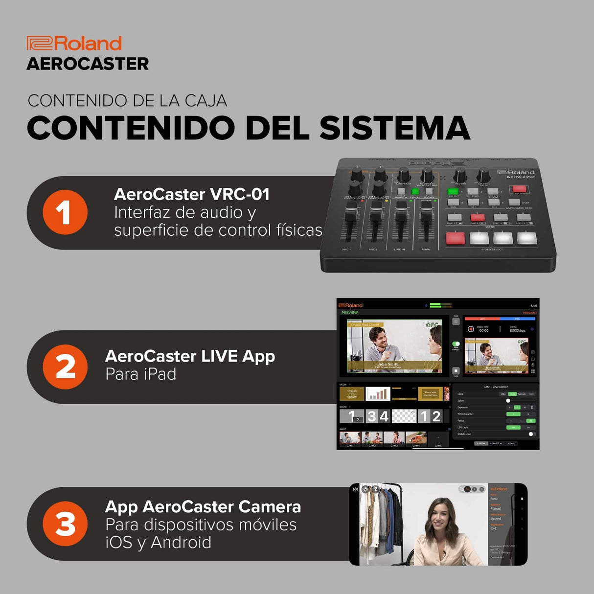 Sistema de livestreaming Roland AeroCaster VRC-01 — Potente solución de producción multicámara inalámbrica con interfaz de audio/controlador de hardware y completa app para iPad
