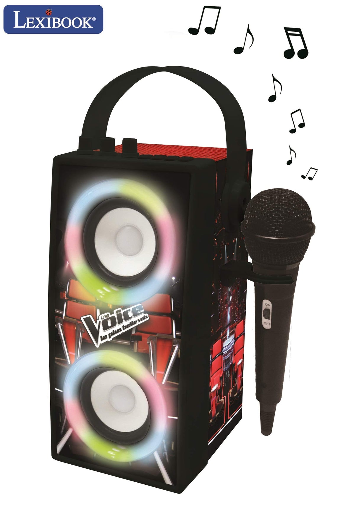 LEXIBOOK, The Voice, Altavoz Luminoso Bluetooth portátil con micrófono, Efectos de luz, Karaoke, Inalámbrico, USB, Tarjeta SD, Batería Recargable, Negro/Rojo, BTP180TVZ