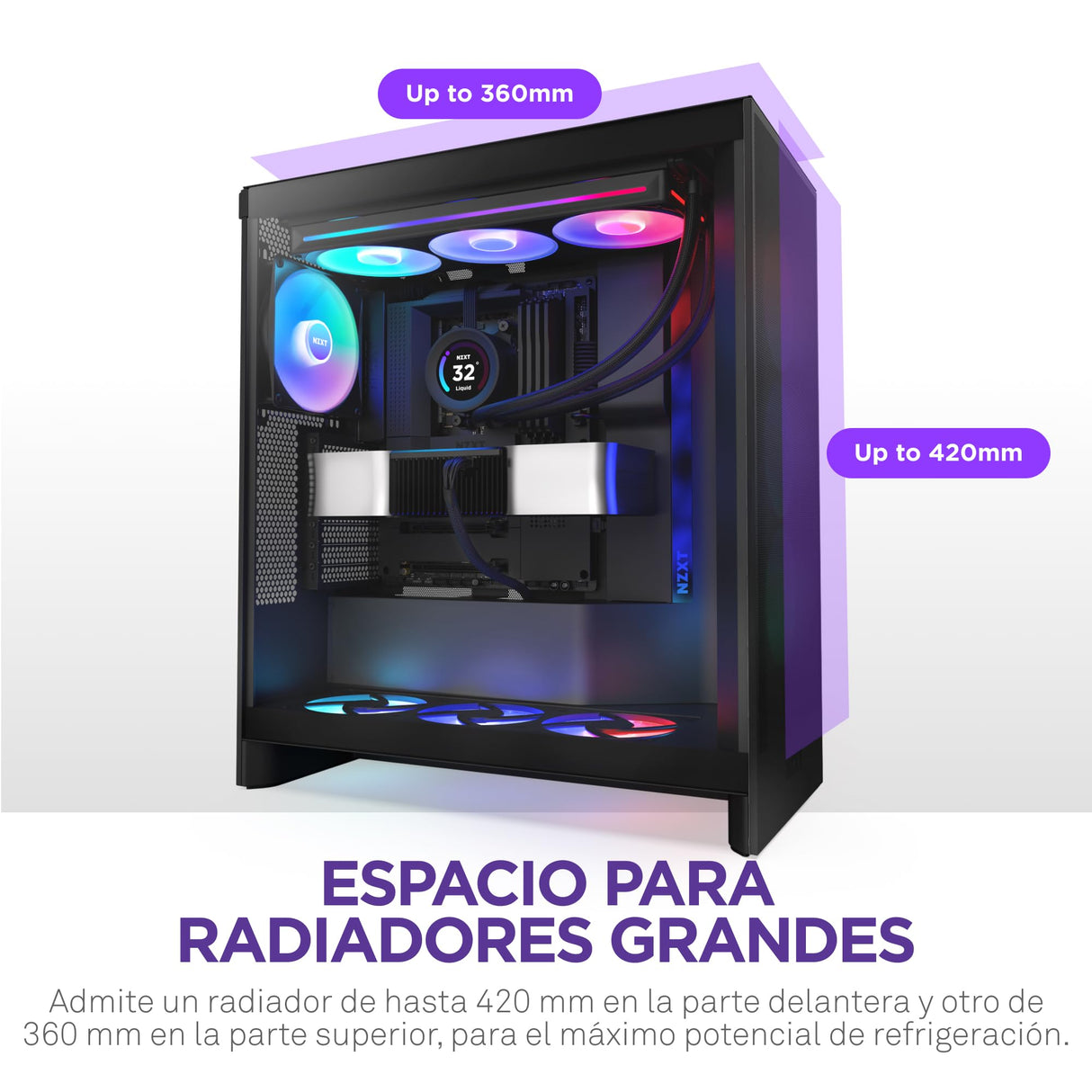 NZXT H7 Flow RGB, 2024 Semitorre ATX Flujo de Aire con Ventiladores RGB, Admite Ventiladores Inferiores para gráfica, con Unidad de Ventiladores RGB con Marco Simple 360 mm, Negro