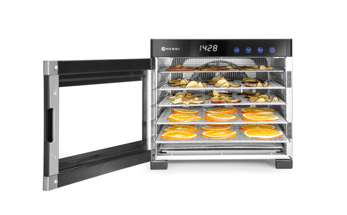 HENDI Deshidratador de alimentos, con 6 bandejas, secador eléctrico de frutas y verduras, temporizador de 24 hrs, temperatura regulable 35°-75°C, 230V, 600W, 340x450x(H)311mm, acero inoxidable, PP