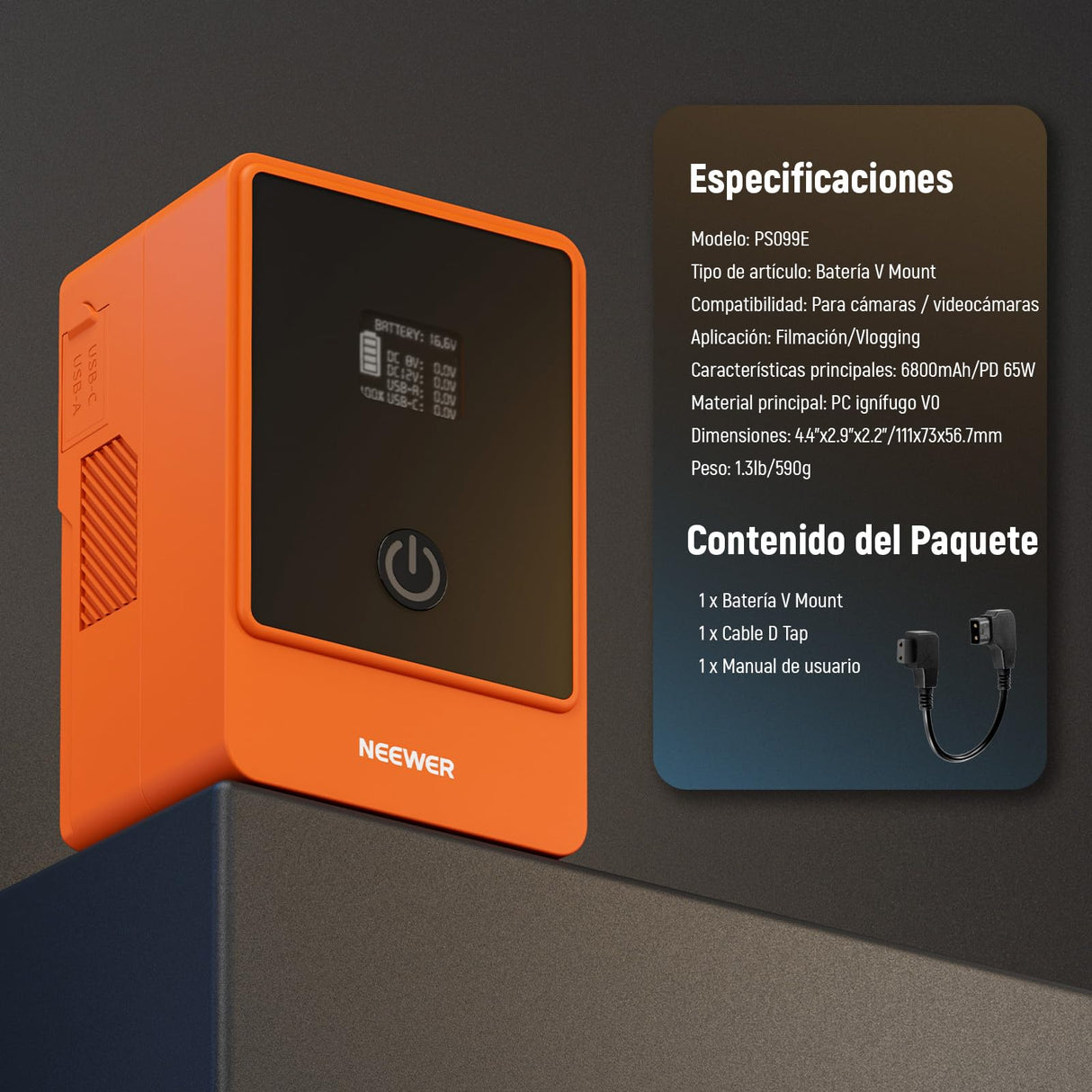 NEEWER Mini V Mount Battery 6800mAh 99Wh 14.5V, V Lock Battery with 65W PD Type C/D Tap/BP/USB A/Dual DC Port/OLED Display para videocámara Compatible con SmallRig BMPCC 4k 6k, PS099E Naranja