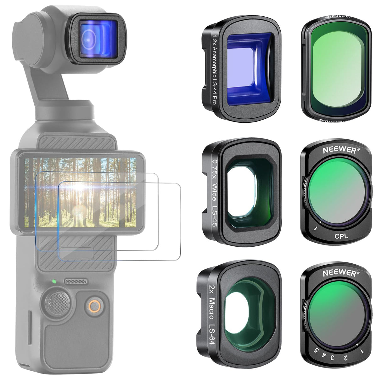 NEEWER Juego de 3 Filtros ND (ND2-32 Variable, CPL, Difusión Negra 1/4) y Lente Gran Angular 0.75X, Lente Macro 2X, Lente Anamórfica Azul 1.2X, Protectores Compatibles con dji Osmo Pocket 3, FL-B28