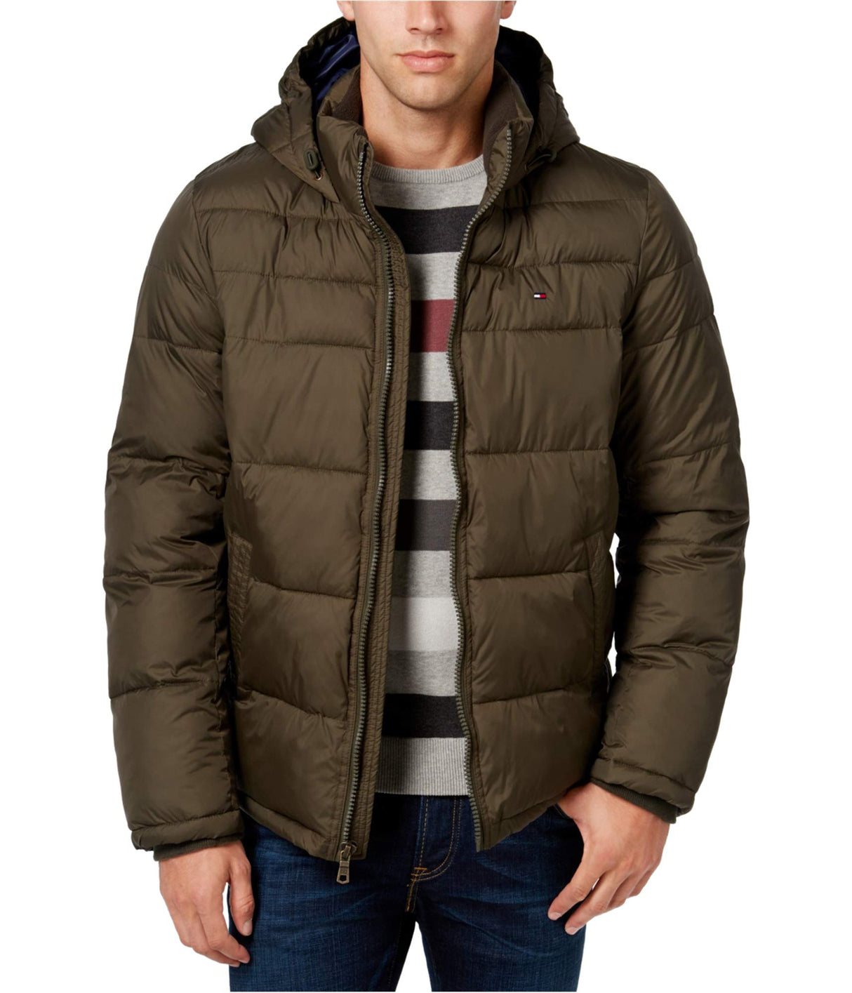 Tommy Hilfiger Hooded Puffer Jacket (Standard and Big & Tall) Abrigo Alternativo Largo, Camuflaje, S para Hombre