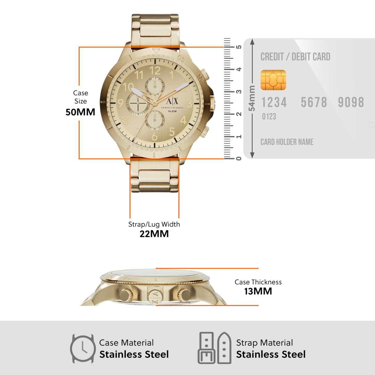 Armani Exchange Relojes de hombre, Movimiento de cuarzo cronógrafo y caja de 50 mm con correa de acero inoxidable, Tono Oro