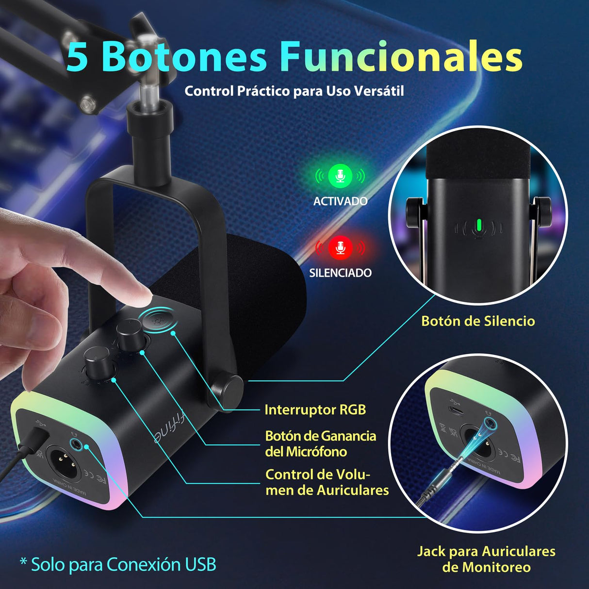 FIFINE XLR Streaming Micrófono Dinámico de Podcast, RGB Gaming Micrófono USB con Soporte Microfono per Ordenador PS4 PS5, para Podcast Estudio Podcasting Grabación