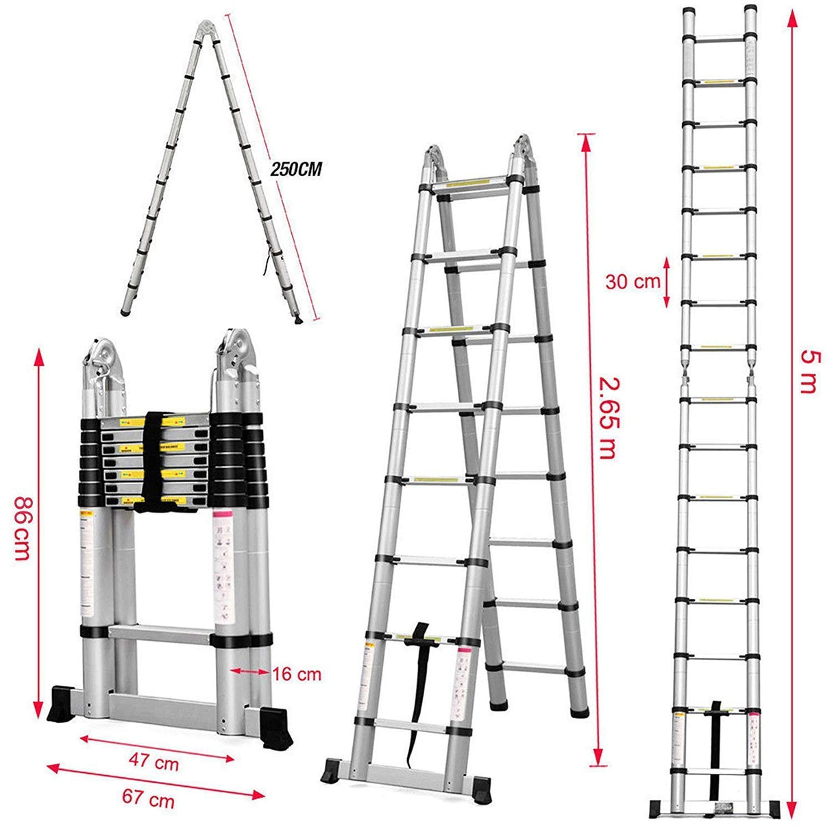 Nictemaw 5M Escalera Plegable, Escalera Telescópica de Aluminio, Mehrzweckleiter 2 in 1 Klappleiter, 5M Teleskopleiter aus ALU 150 kg Belastbarkeit, 16 Sprosse