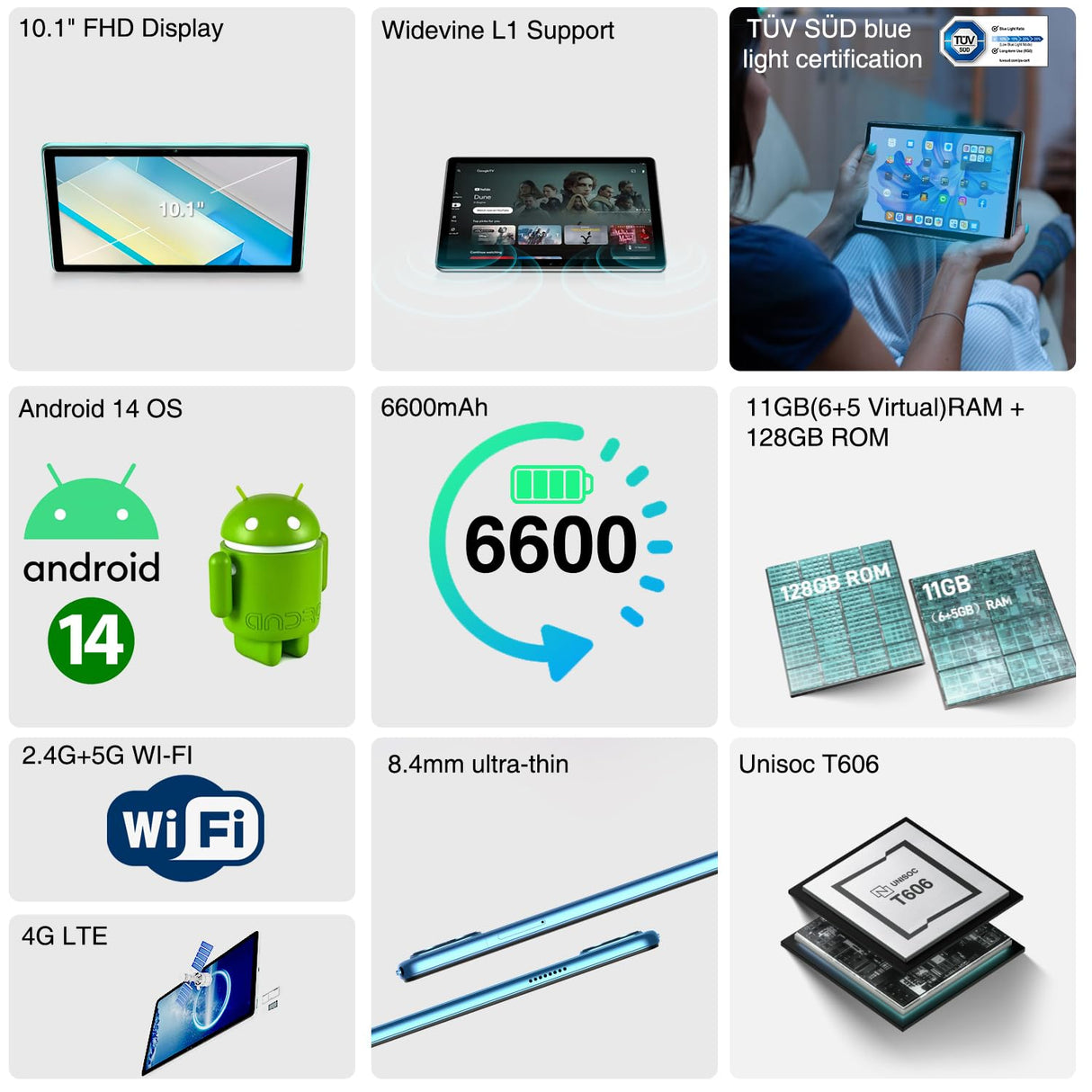 DOOGEE T10S Tablet Android 14【2024】, 11GB + 128GB (TF 1TB) de 10,1 Pulgadas, Unisoc T606 Tablet táctil, 8,4 mm Ultra-Thin 6600 mAh,8MP+5MP Widevine L1 Tableta, Dual 4G LTE /5G WiFi