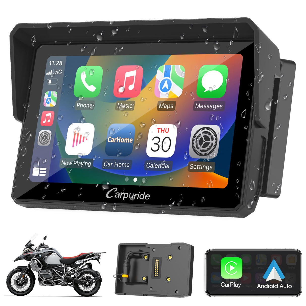 Carpuride W502B - Pantalla GPS 5 Pulgadas para Moto BMW R1200GS/R1250GS/S1000XR, CarPlay y Android Auto Inalámbrico, Pantalla Táctil Impermeable, Bluetooth Dual, Navegación Portátil para Moto