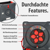 Brennenstuhl Profesional KA 3210 5 IP44 Carrete de cable para instalaciones de construcción (cable H07BQ-F 3G2,5 de 33 m en rojo, 5 enchufes, uso en obra y exterior permanente, fabricado en Alemania)