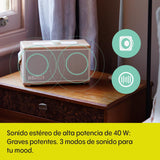 Pure Classic Aura Altavoz Bluetooth portátil 40W con batería 10000mAh, función Powerbank, Luces ambientales, 30h autonomía, USB-C, Entrada AUX, Resistente a Salpicaduras IPX2 – Blanco Algodón/Roble