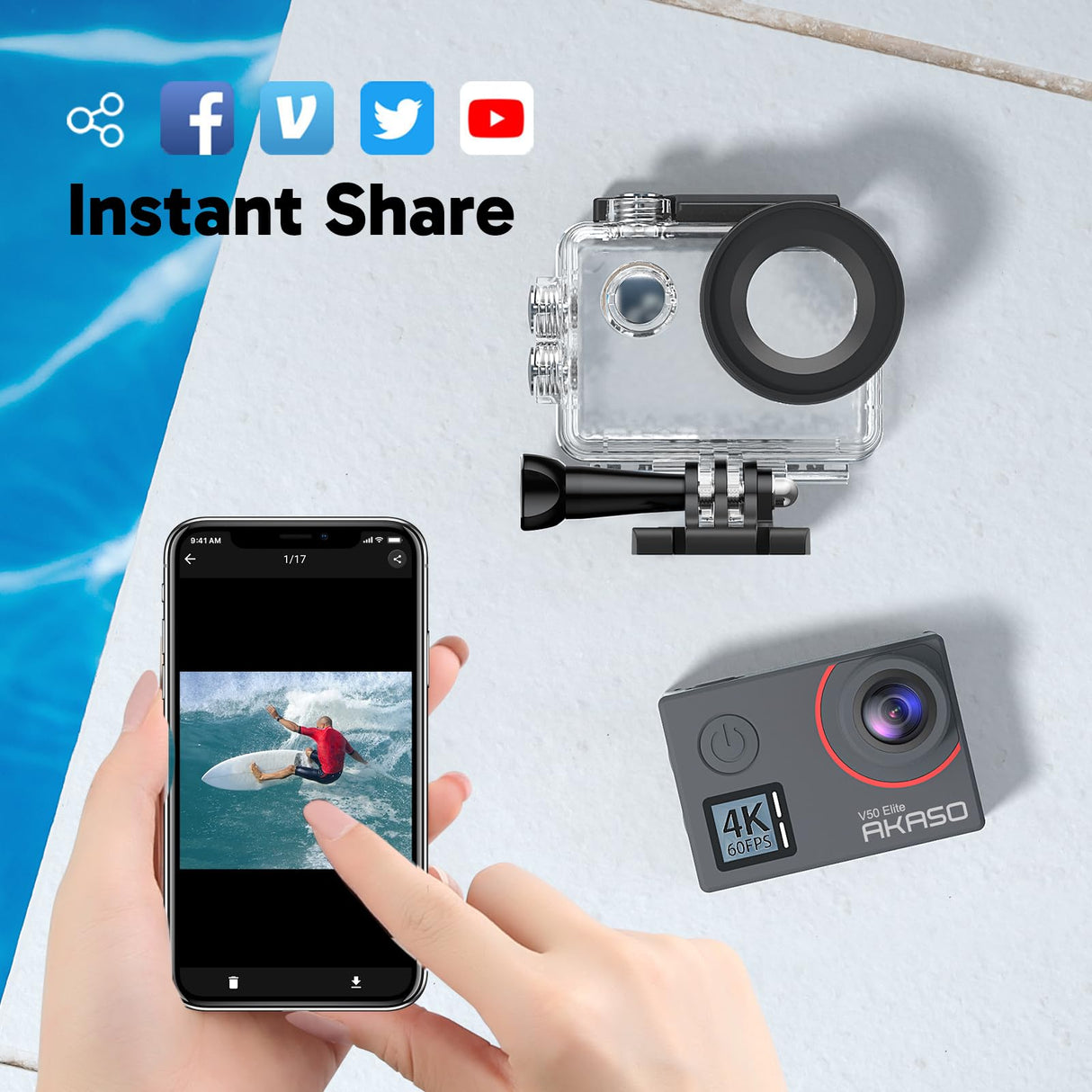 AKASO Cámara Deportiva WiFi 4K/60fps 20MP, Cámara de Acción con EIS Pantalla Táctil, Cámara Acuatica Sumergible 40M con Control de Voz 8X Zoom Control Remoto 2 Baterías Multi Accesorios