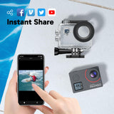 AKASO Cámara Deportiva WiFi 4K/60fps 20MP, Cámara de Acción con EIS Pantalla Táctil, Cámara Acuatica Sumergible 40M con Control de Voz 8X Zoom Control Remoto 2 Baterías Multi Accesorios