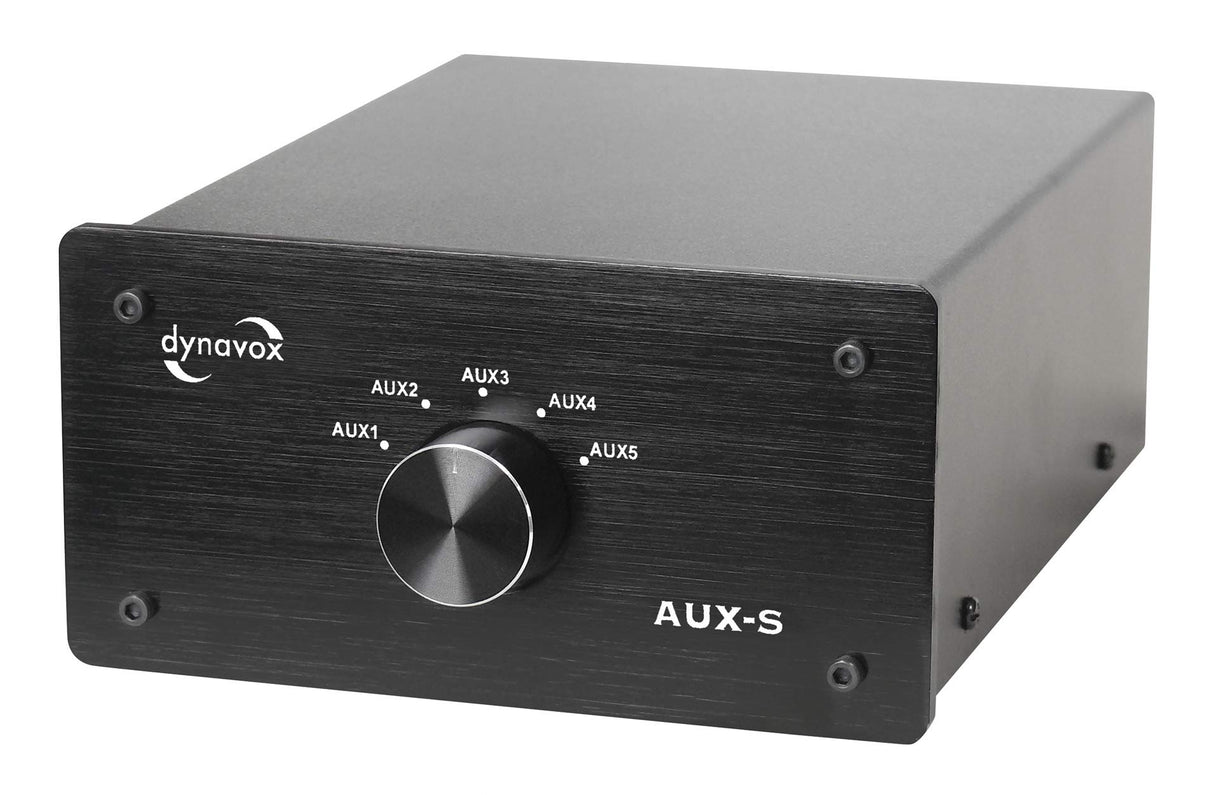 Dynavox AUX-S, Interruptor de expansión de Entrada en Carcasa de Metal con 5 entradas RCA, para amplificadores estéreo y Surround, Color Negro
