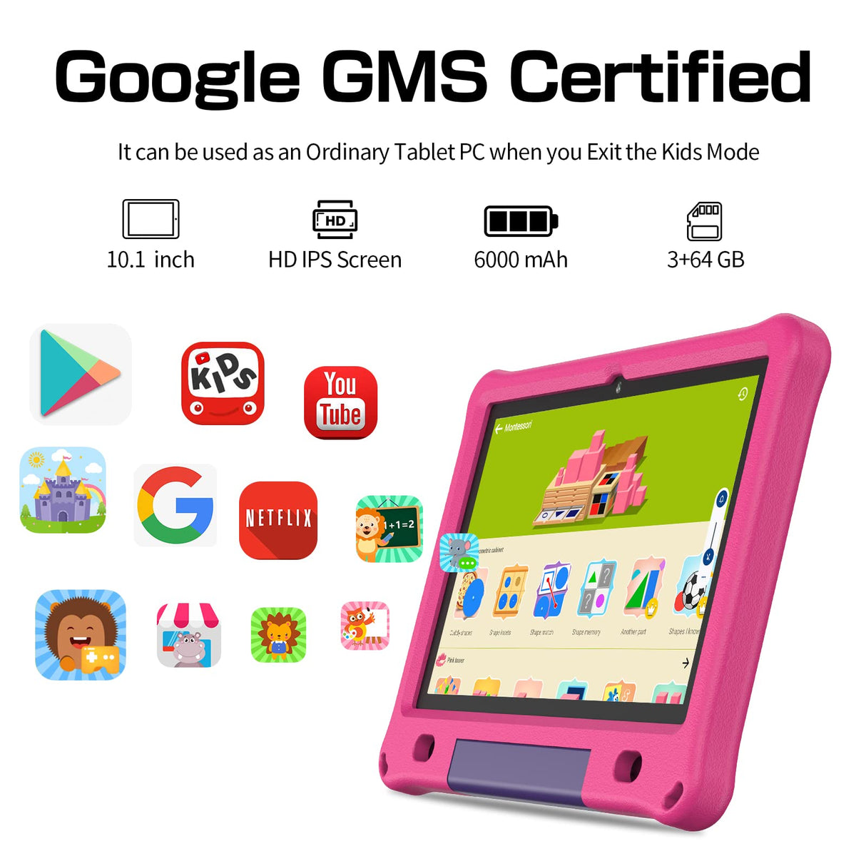 PRITOM Tableta Android 12 para niños, Pantalla IPS HD de 10'', 3GB+64GB, Software IWAWa Kids preinstalado, Control de Juegos educativos, Tableta WiFi con Estuche de Seguridad (Rosa)