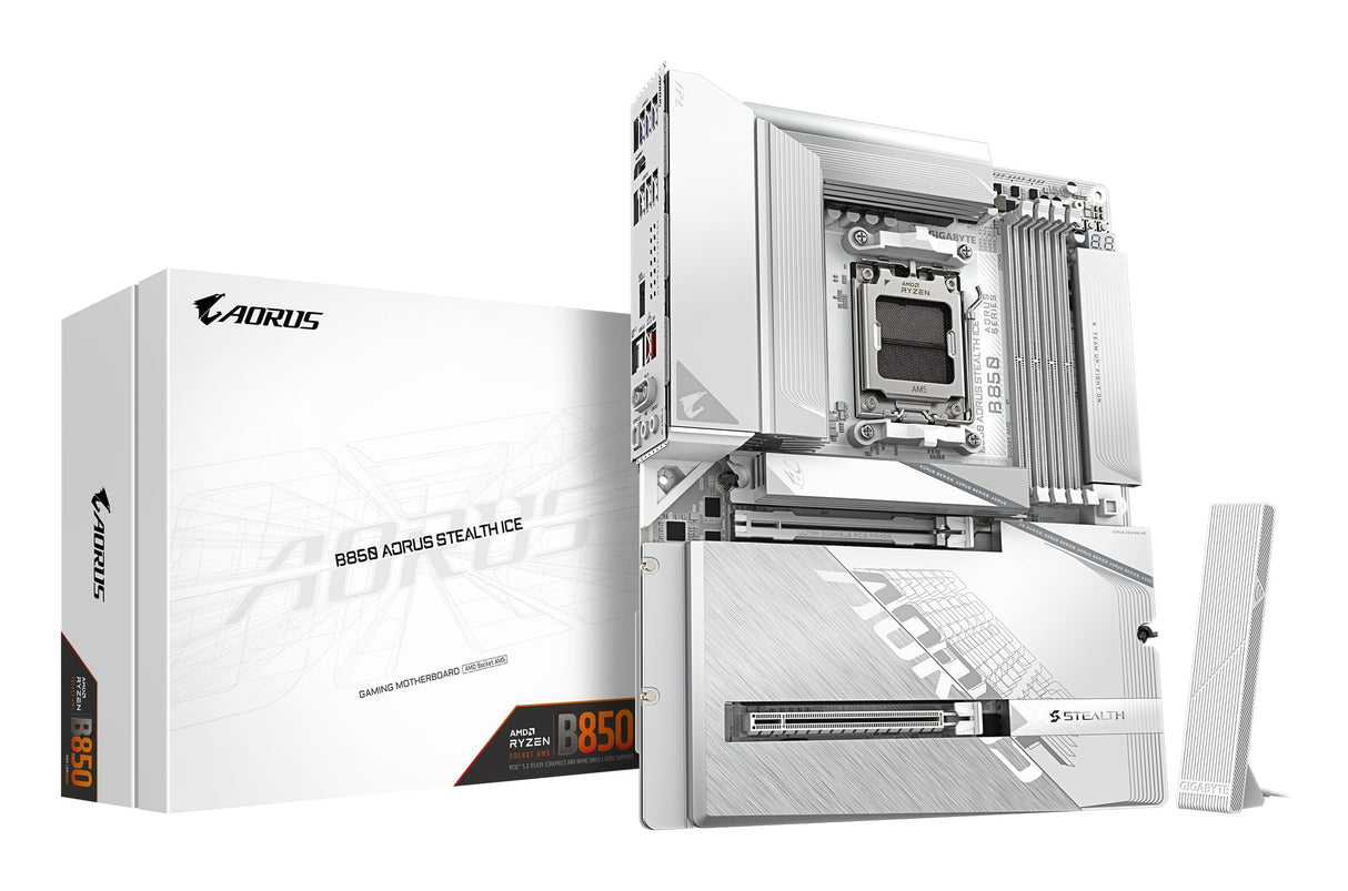 GIGABYTE B850 AORUS Stealth Ice Placa Base – Procesadores AMD Ryzen Serie 9000, VRM Digital de 14+2+2 Fases, hasta 8200 MHz DDR5 (OC), 2 x M.2 PCIe 5.0 + 2 x PCIe 4.0, Wi-Fi 7, LAN 5 GbE