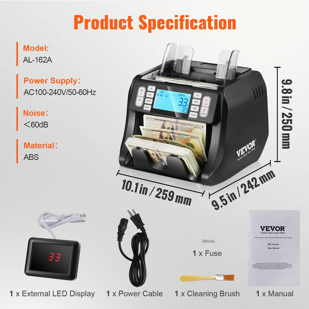 VEVOR Contador de Billetes con Detección de Falsificaciones UV, MG, IR y DD, Máquina Contadora de Efectivo en USD y EUR con Modos de Adición y Lotes, LCD Grande y Pantalla Externa