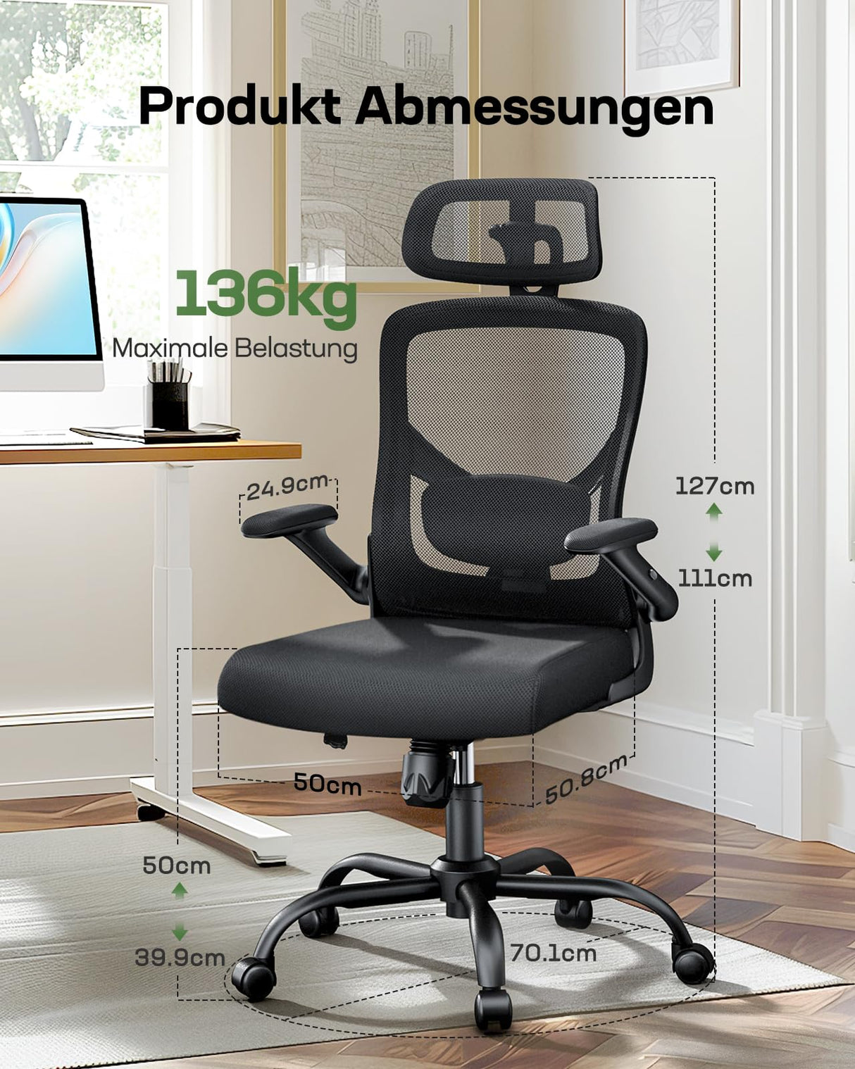 Marsail Silla de Oficina ergonómica con Soporte Lumbar Ajustable, reposacabezas y reposabrazos, Altura Regulable y función basculante