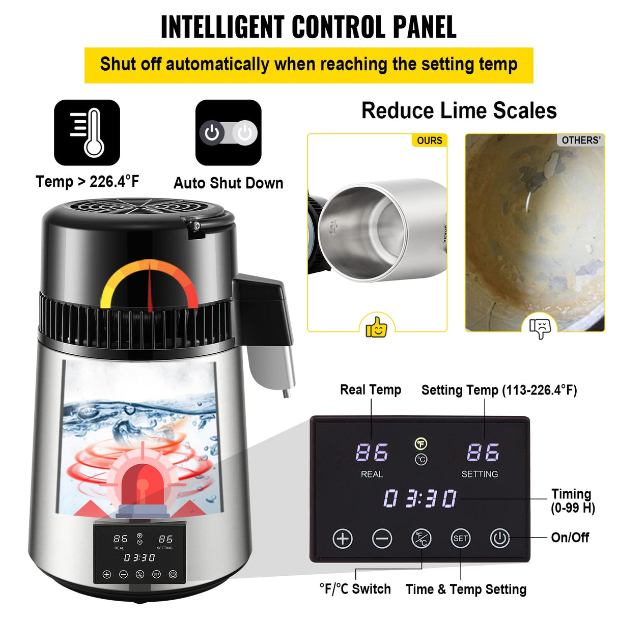VEVOR Destilador de Agua 4L Filtro de Destilación de Agua con Recipiente de Vidrio 750 W 1 L/H Ajuste de Velocidad, Destilación Filtro Purificador de Acero Inoxidable Temperatura Doble 7,9lbs, Plata