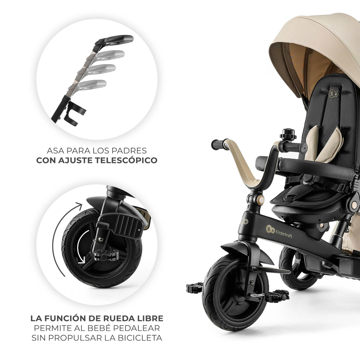 Kinderkraft EASYTWIST Triciclo Infantil, con Accesorios, Ventana de Techo, Cinturones de Seguridad, rotación de 360 Grados, Rueda Libre, Barra de Empuje, a Partir de 9 Meses hasta 5 años, Beige
