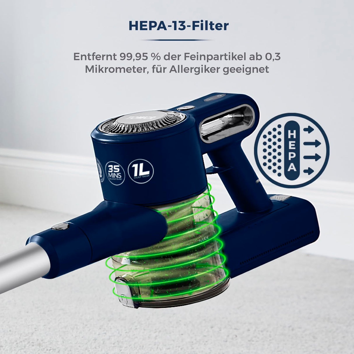 Tower T513008 VL35 Plus Aspiradora sin Cable 3 en 1 – Aspirador Vertical con Filtro HEPA y Cabezal Antienredos – Aspiradora sin Bolsa con Depósito de 1 Litro, 22.2 V - Azul Oscuro y Plata